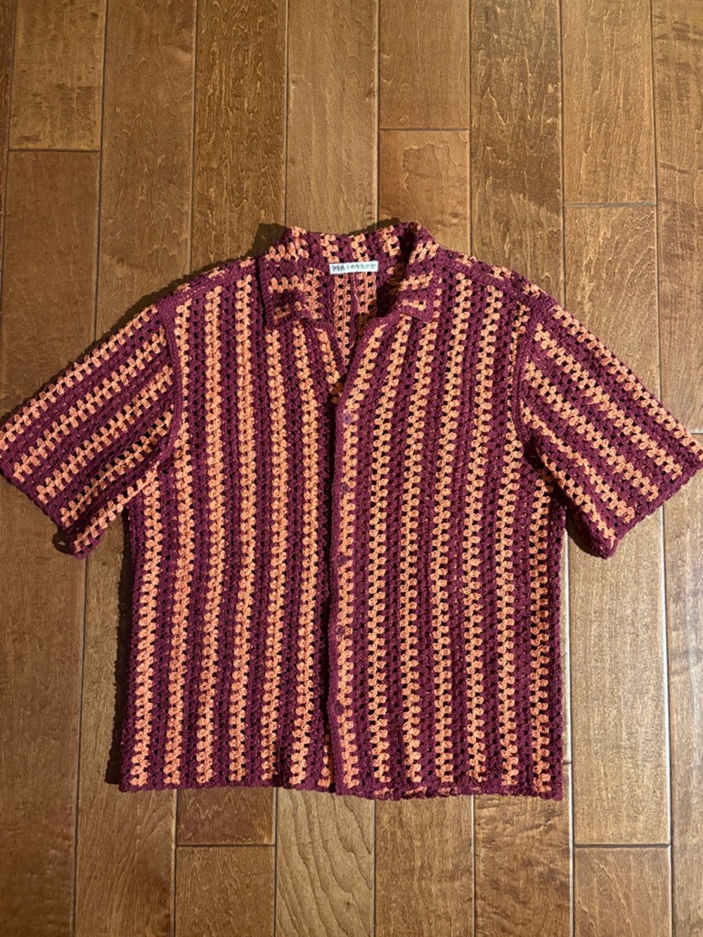 Crochet Stripe Short-Sleeve Shirt in Burgundy & Peach
